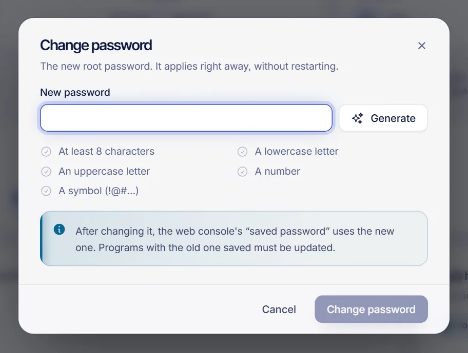 The Change password dialog for a VPS with the New password field, the Generate button and the checklist of password rules