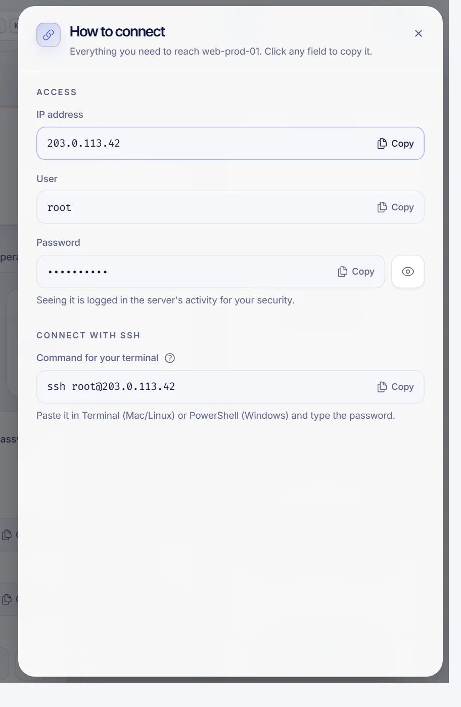 The How to connect panel of a VPS showing the IP address, user, password field and the SSH command ready to copy