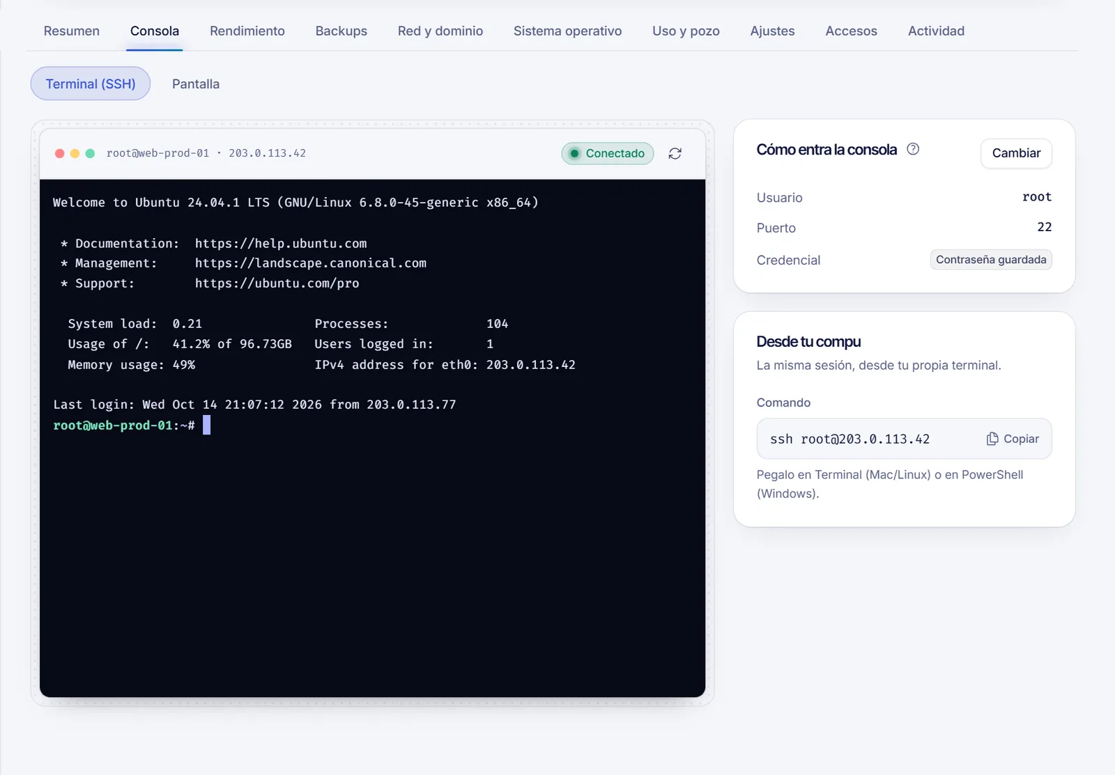 La pestaña Consola de un VPS con la sesión Terminal (SSH) conectada y la tarjeta de acceso de la consola a la derecha