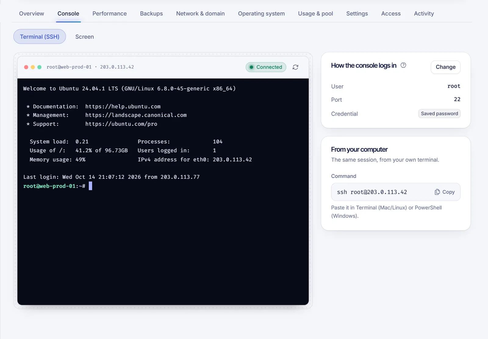 The Console tab of a VPS with the Terminal (SSH) session connected and the How the console logs in card on the right