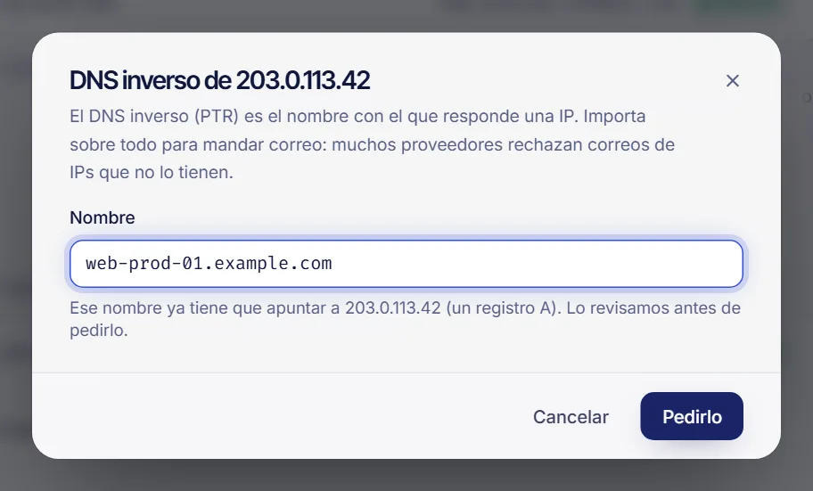 Ventana de DNS inverso de una IP con el campo Nombre y el botón Pedirlo