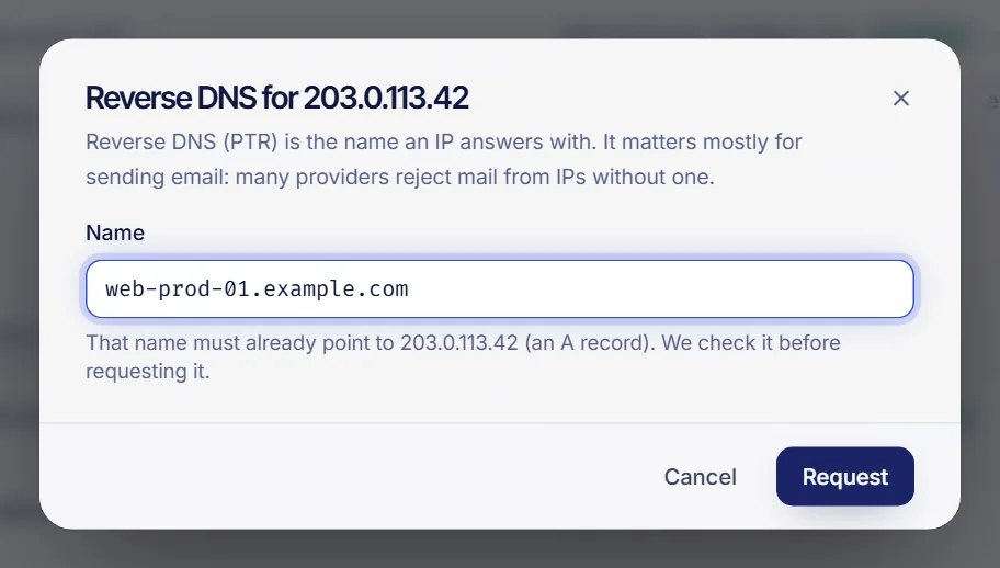 Reverse DNS window for an IP with the Name field and the Request button