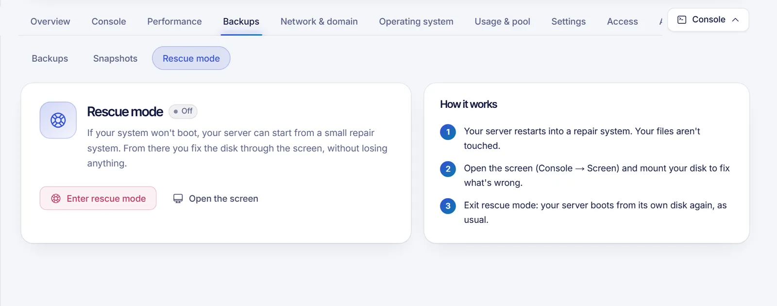 Rescue mode section of the Backups tab with the Enter rescue mode and Open the screen buttons