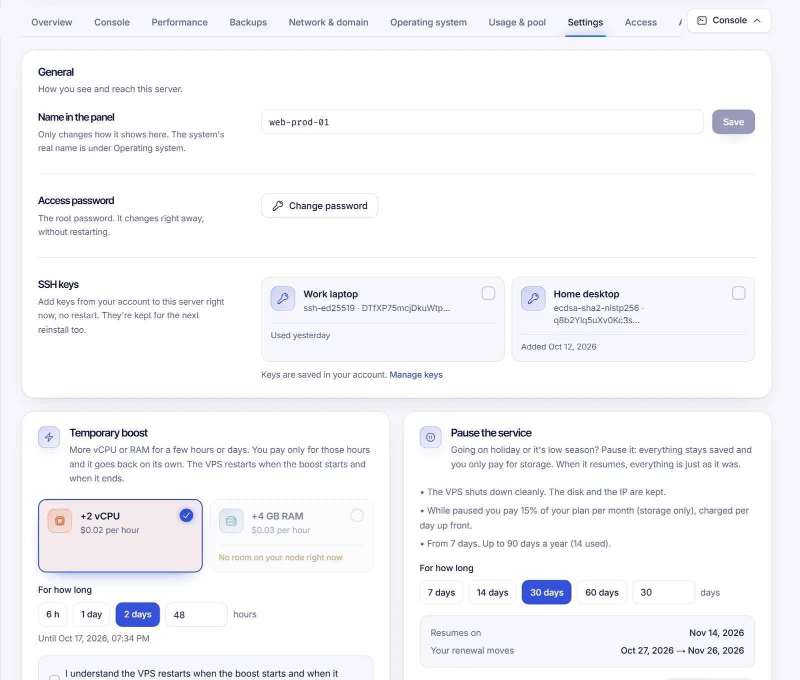 Pause the service card in the server settings with the number of days, the resume date, the price while paused and the pause button