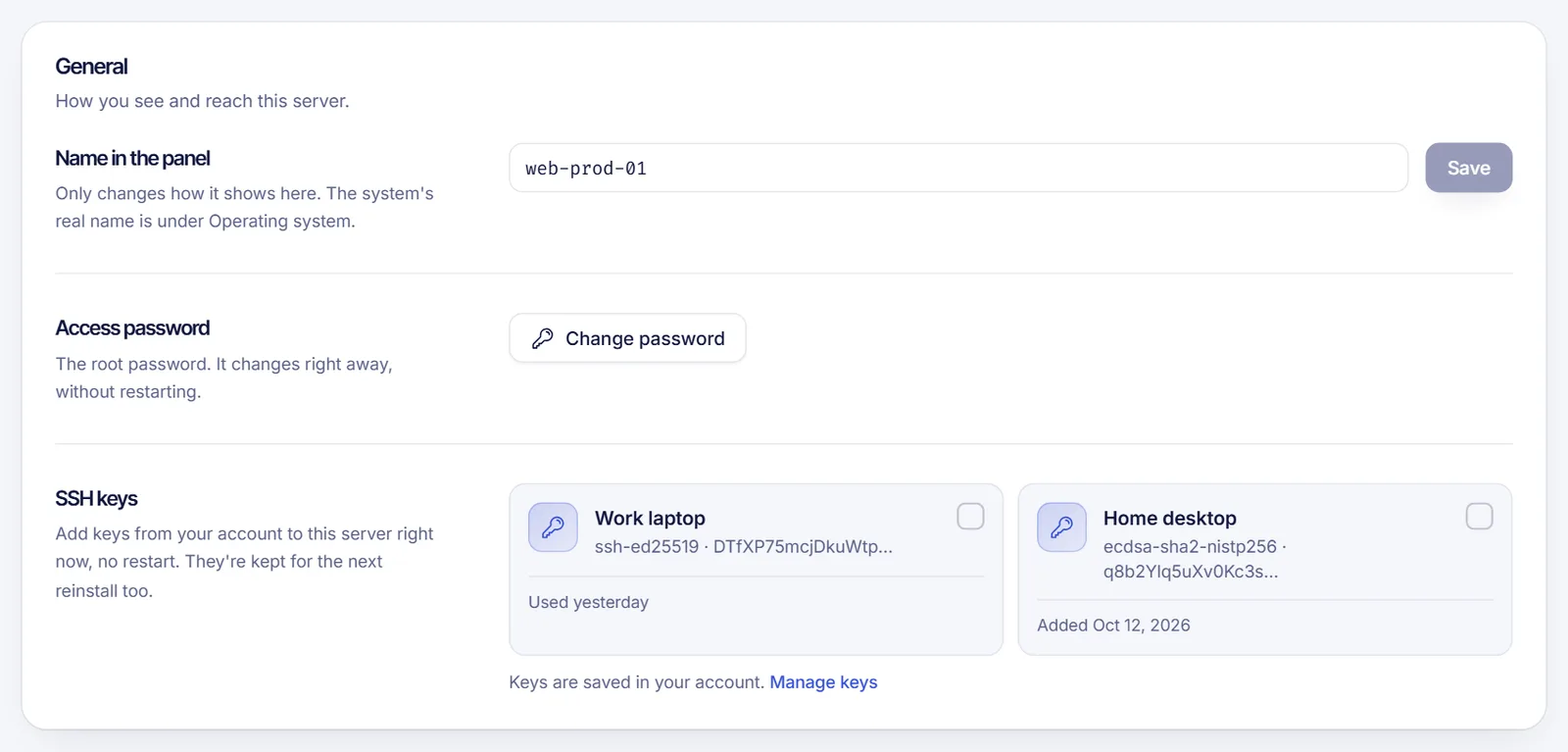 The SSH keys section in the Settings tab of a VPS with a key selected and the Add key to the server button